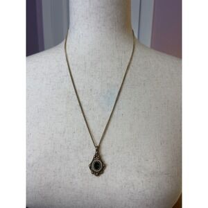 Vintage Style Gold Tone Emerald Green Faux Gemstone Seed Pearl Pendant Necklace